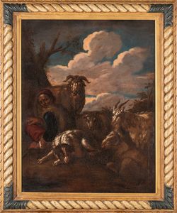 Attribuito a Philipp Peter Roos, detto Rosa da Tivoli (Sankt Goar, 1657 - Roma, 1706) - Pastore a riposo con armenti