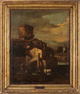 Scuola veneta, secolo XVIII - Paesaggio con casolari, pastori e armenti nei pressi di un corso d'acqua
