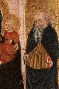 Scuola toscana, fine secolo XIV - inizio secolo XV : Vergine con Bambino in trono, Sant'Antonio Abate e altro Santo, sormontati da crocifissione con la Vergine e San Giovanni  - Asta Dipinti e disegni antichi - Associazione Nazionale - Case d'Asta italiane