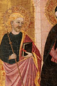 Scuola toscana, fine secolo XIV - inizio secolo XV : Vergine con Bambino in trono, Sant'Antonio Abate e altro Santo, sormontati da crocifissione con la Vergine e San Giovanni  - Asta Dipinti e disegni antichi - Associazione Nazionale - Case d'Asta italiane