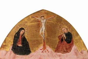Scuola toscana, fine secolo XIV - inizio secolo XV : Vergine con Bambino in trono, Sant'Antonio Abate e altro Santo, sormontati da crocifissione con la Vergine e San Giovanni  - Asta Dipinti e disegni antichi - Associazione Nazionale - Case d'Asta italiane