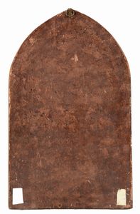 Scuola toscana, fine secolo XIV - inizio secolo XV : Vergine con Bambino in trono, Sant'Antonio Abate e altro Santo, sormontati da crocifissione con la Vergine e San Giovanni  - Asta Dipinti e disegni antichi - Associazione Nazionale - Case d'Asta italiane