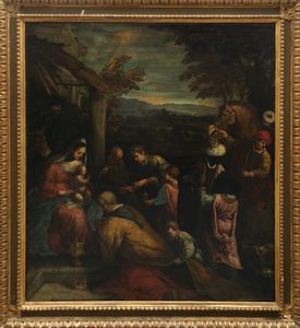 Scuola veneta, fine secolo XVI - inizi secolo XVII : Adorazione dei Magi  - Asta Dipinti e disegni antichi - Associazione Nazionale - Case d'Asta italiane
