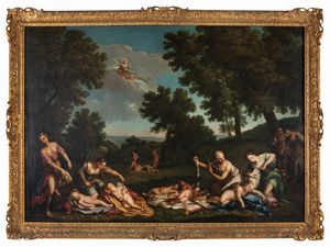 Scuola bolognese, secolo XVII - Cupidi disarmati dalle ninfe di Diana