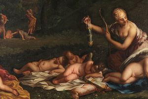 Scuola bolognese, secolo XVII : Cupidi disarmati dalle ninfe di Diana  - Asta Dipinti e disegni antichi - Associazione Nazionale - Case d'Asta italiane