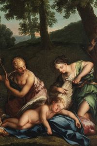 Scuola bolognese, secolo XVII : Cupidi disarmati dalle ninfe di Diana  - Asta Dipinti e disegni antichi - Associazione Nazionale - Case d'Asta italiane