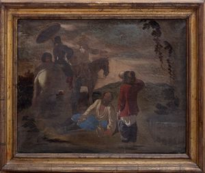 Attribuito a Johannes Lingelbach (Francoforte sul Meno 1622 – Amsterdam 1674) : Scena di genere con mendicante e cavalieri  - Asta Dipinti e disegni antichi - Associazione Nazionale - Case d'Asta italiane