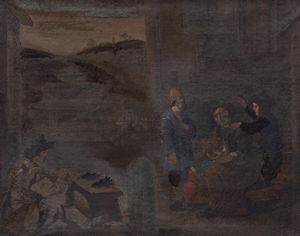 Attribuito a Johannes Lingelbach (Francoforte sul Meno 1622 – Amsterdam 1674) - Scena di genere con anziano che mangia la zuppa e due bambini