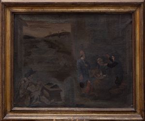 Attribuito a Johannes Lingelbach (Francoforte sul Meno 1622 – Amsterdam 1674) : Scena di genere con anziano che mangia la zuppa e due bambini  - Asta Dipinti e disegni antichi - Associazione Nazionale - Case d'Asta italiane