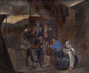 Attribuito a Johannes Lingelbach (Francoforte sul Meno 1622 – Amsterdam 1674) - Venditore ambulante di frittelle con popolani