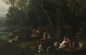 Filippo Lauri : Paesaggio con Venere e Adone  - Asta Dipinti e disegni antichi - Associazione Nazionale - Case d'Asta italiane