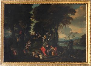 Pittore fiammingo attivo a Genova nel secolo XVII : Paesaggio con la moltiplicazione dei pani e dei pesci  - Asta Dipinti e disegni antichi - Associazione Nazionale - Case d'Asta italiane