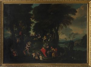 Pittore fiammingo attivo a Genova nel secolo XVII : Paesaggio con la moltiplicazione dei pani e dei pesci  - Asta Dipinti e disegni antichi - Associazione Nazionale - Case d'Asta italiane