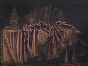 Carlo Manieri (attivo a Roma 1662 - 1700) - Natura morta con orologio, tappeti, libri e suppellettili su un tavolo