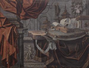 Carlo Manieri (attivo a Roma 1662 - 1700) - Natura morta con chitarra, violino e suppellettili su un piano di marmo