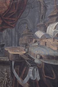 Carlo Manieri (attivo a Roma 1662 - 1700) : Natura morta con chitarra, violino e suppellettili su un piano di marmo  - Asta Dipinti e disegni antichi - Associazione Nazionale - Case d'Asta italiane