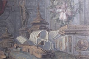 Carlo Manieri (attivo a Roma 1662 - 1700) : Natura morta con chitarra, violino e suppellettili su un piano di marmo  - Asta Dipinti e disegni antichi - Associazione Nazionale - Case d'Asta italiane
