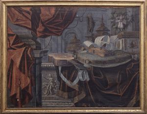 Carlo Manieri (attivo a Roma 1662 - 1700) : Natura morta con chitarra, violino e suppellettili su un piano di marmo  - Asta Dipinti e disegni antichi - Associazione Nazionale - Case d'Asta italiane