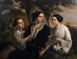 Scuola lombarda, secolo XIX - Ritratto di gentildonna con le due figlie, en plein air