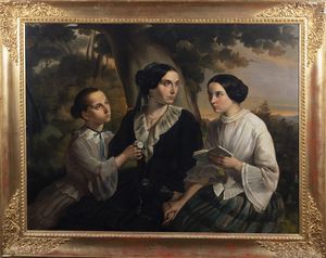 Scuola lombarda, secolo XIX : Ritratto di gentildonna con le due figlie, en plein air  - Asta Dipinti e disegni antichi - Associazione Nazionale - Case d'Asta italiane
