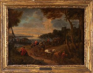Scuola fiamminga, fine secolo XVII - inizi secolo XVIII - Paesaggio fluviale con viandanti e città in lontananza