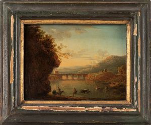 Pittore fiammingo attivo in Italia, fine secolo XVIII - Paesaggio fluviale con viandanti, ponte e torre circolare in lontananza