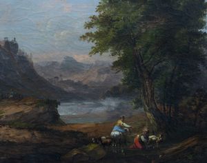 Scuola italiana, secolo XVIII - Paesaggio con pastorelle