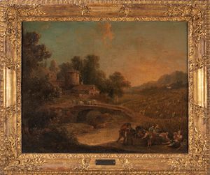 Scuola veneta, secolo XVIII - Paesaggio con contadini presso un corso d'acqua