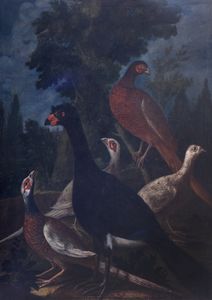 Scuola dell'Italia settentrionale, secolo XVII - Paesaggio boschivo con fagiani e pernici