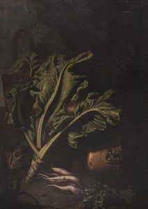 Scuola dell'Italia settentrionale, secolo XVII - Natura morta con ortaggi e bacile di rame, en plein air