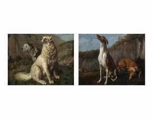 Scuola napoletana, inizi del secolo XIX - Due paesaggi con cani a riposo