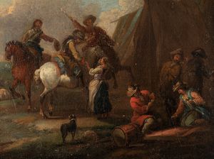 Scuola fiamminga, fine secolo XVII - inizi secolo XVIII : Partenza per la battaglia  - Asta Dipinti e disegni antichi - Associazione Nazionale - Case d'Asta italiane
