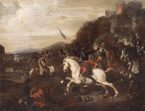Scuola italiana, secolo XVII : Battaglia con castello in lontananza  - Asta Dipinti e disegni antichi - Associazione Nazionale - Case d'Asta italiane