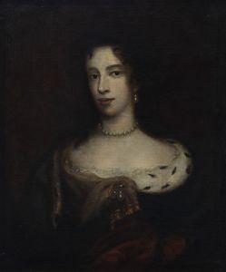 Seguace di Peter Lely - Ritratto di giovane dama a mezzo busto con parure di perle