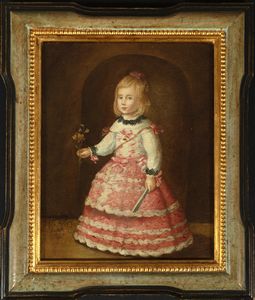 Maniera di Velazquez - Ritratto di bambina in abito rosa e fiori in mano