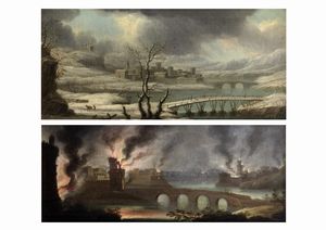Orazio Grevembroek (attivo a Napoli circa 1670 - 1730) - Paesaggio invernale con ponti e viandanti; e Veduta di citt fortificata in fiamme