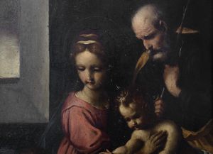 Scuola toscana, seconda metà del secolo XVI : Sacra Famiglia con San Giovannino  - Asta Dipinti e disegni antichi - Associazione Nazionale - Case d'Asta italiane