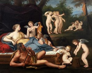 Seguace di Francesco Albani - Due scene mitologiche: Venere, Vulcano e Amorini; e Diana con le sue Ninfe e Cupido
