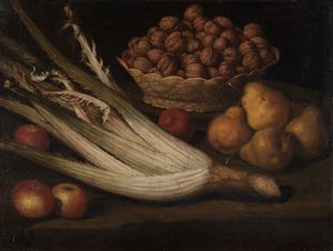 Scuola lombarda, fine del secolo XVII - inizi del secolo XVIII - Natura morta con pere, mele, cestino di noci e cardo
