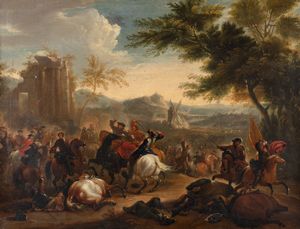 Scuola olandese, secolo XVII - Battaglia con citt fortificata e mulino a vento in lontananza