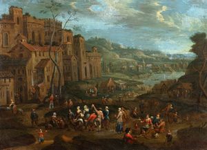 Scuola fiamminga, secolo XVII - Paesaggio con festa campestre presso una citt fortificata