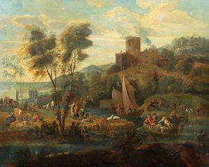 Scuola fiamminga, secolo XVII - Paesaggio fluviale con astanti e citt in lontananza