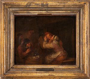 Maniera di Adriaen Brouwer - Interno di taverna con amanti