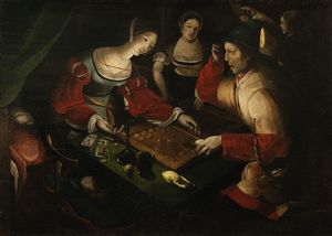 Scuola fiamminga, secolo XVII : Giocatori di backgammon  - Asta Dipinti e disegni antichi - Associazione Nazionale - Case d'Asta italiane