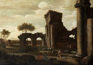Pittore francese attivo a Roma, secolo XVII - Paesaggio con rovine antiche e astanti