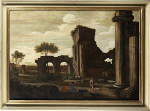 Pittore francese attivo a Roma, secolo XVII : Paesaggio con rovine antiche e astanti  - Asta Dipinti e disegni antichi - Associazione Nazionale - Case d'Asta italiane