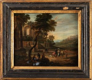 Pittore fiammingo attivo in Italia, fine secolo XVII - inizi secolo XVIII - Paesaggio con scena di vita quotidiana e rovine architettoniche