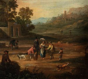 Pittore fiammingo attivo in Italia, fine secolo XVII - inizi secolo XVIII : Paesaggio con scena di vita quotidiana e rovine architettoniche  - Asta Dipinti e disegni antichi - Associazione Nazionale - Case d'Asta italiane