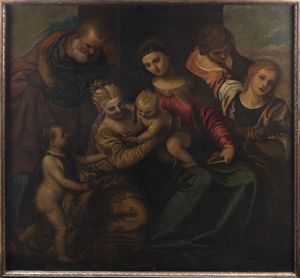 Scuola veneta, secolo XVII : Matrimonio mistico di Santa Caterina  - Asta Dipinti e disegni antichi - Associazione Nazionale - Case d'Asta italiane