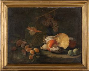 Scuola lombarda, fine del secolo XVII - inizi del secolo XVIII : Natura morta con frutta e funghi  - Asta Dipinti e disegni antichi - Associazione Nazionale - Case d'Asta italiane